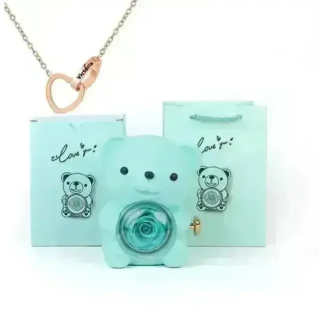 Eternal Rose Teddy Gift Box with Lovely Heart Pendant - Bear Hugs